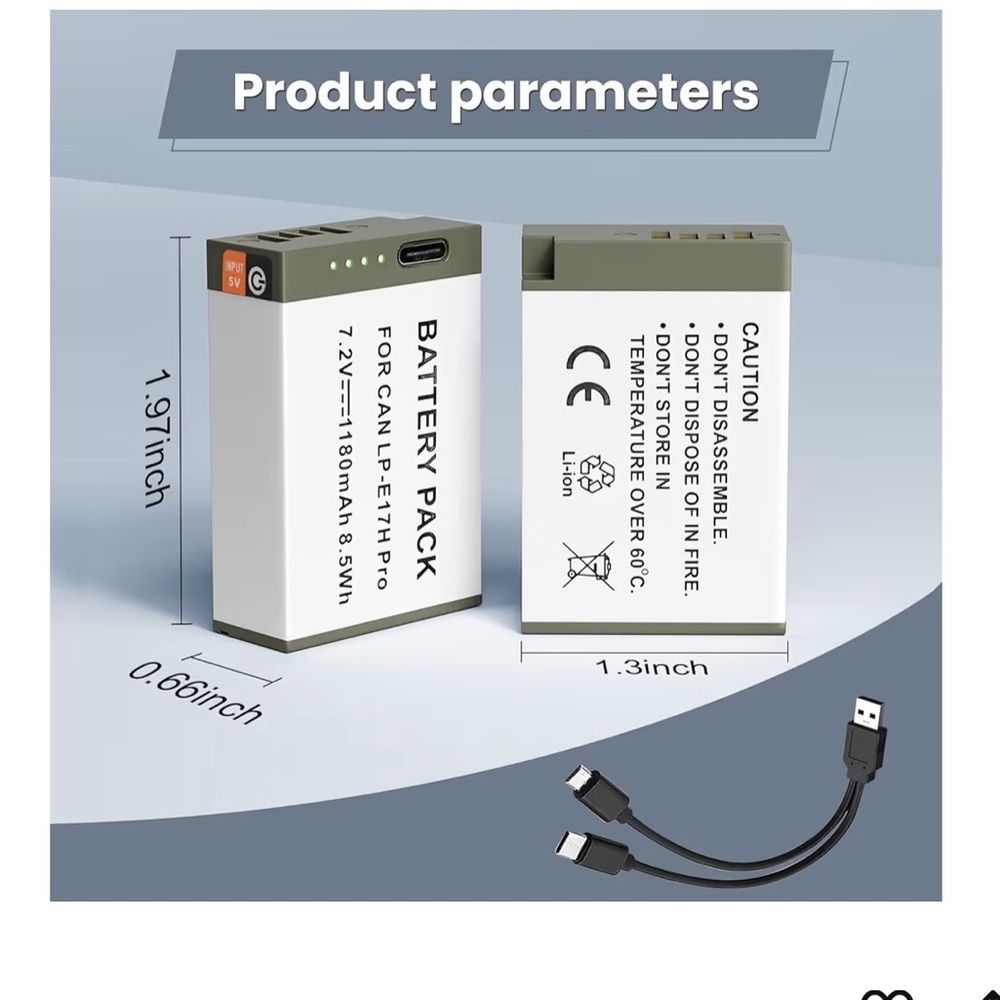 Rechargeable Battery Pack with USB Cable. Egoway LP-E17 2-Pack 1100mAh Batteries